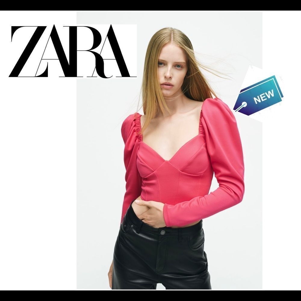 Zara pink long balloon sleeve corset crop top size small NWT